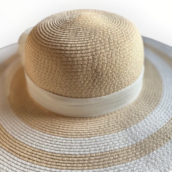 Isaac Mizrahi Live Wide Brim Straw Sun Hat Cream Flower Accent Summer Beach